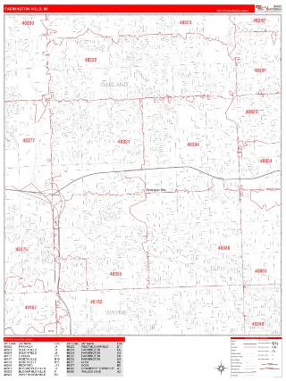 Farmington Hills, MI RedLine style ZIP Code wall map