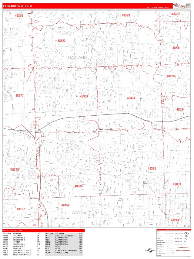 Farmington Hills, MI ZIP Code Wall Map, RedLine style