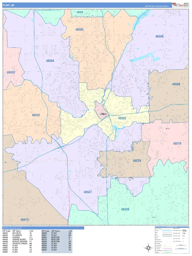 Flint, MI ZIP Code Wall Map, ColorCast style