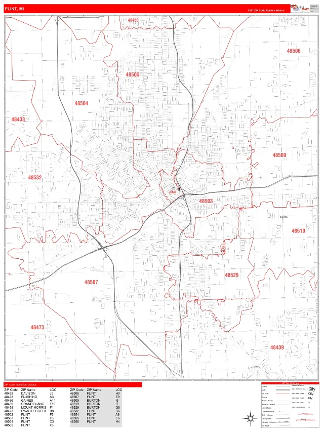Flint, MI ZIP Code Wall Map, RedLine style