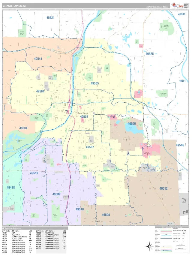 Grand Rapids, MI ZIP Code Wall Map, Classic style
