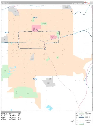 Jackson, MI Classic style ZIP Code wall map