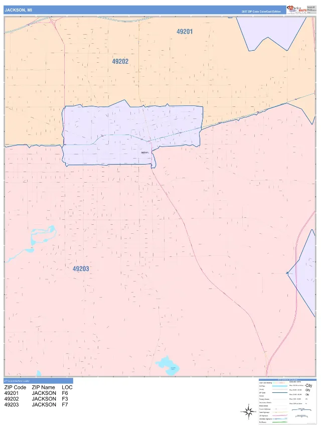 Jackson, MI ZIP Code Wall Map, ColorCast style