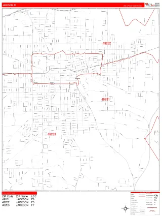 Jackson, MI RedLine style ZIP Code wall map