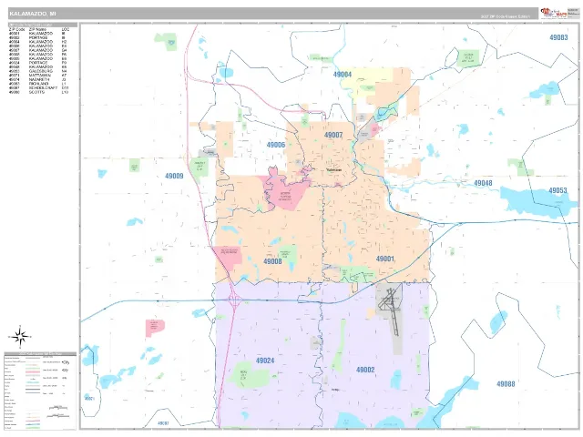 Kalamazoo, MI ZIP Code Wall Map, Classic style