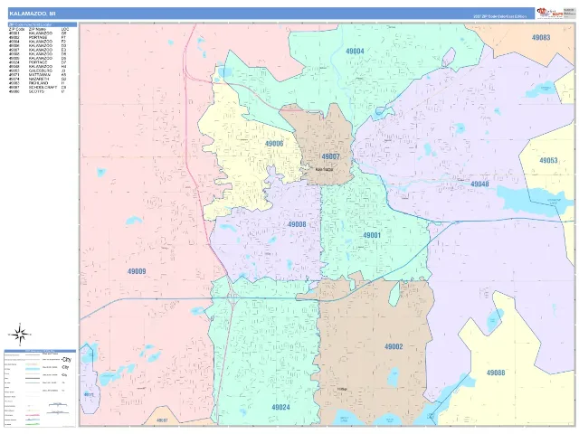 Kalamazoo, MI ZIP Code Wall Map, ColorCast style