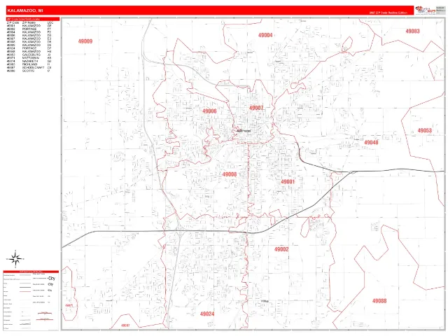 Kalamazoo, MI ZIP Code Wall Map, RedLine style