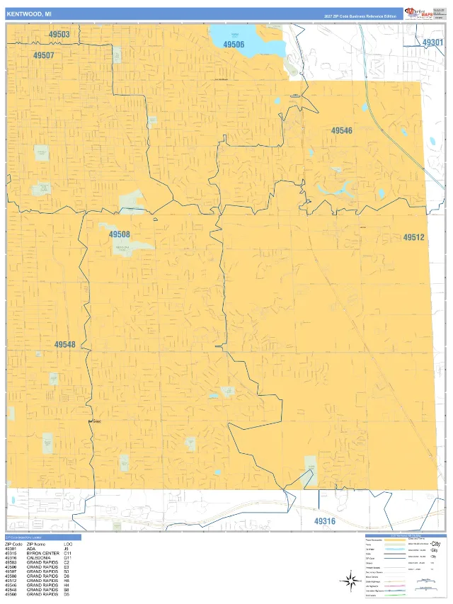 Kentwood, MI ZIP Code Wall Map, Business Reference style