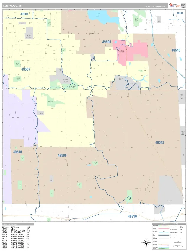 Kentwood, MI ZIP Code Wall Map, Classic style