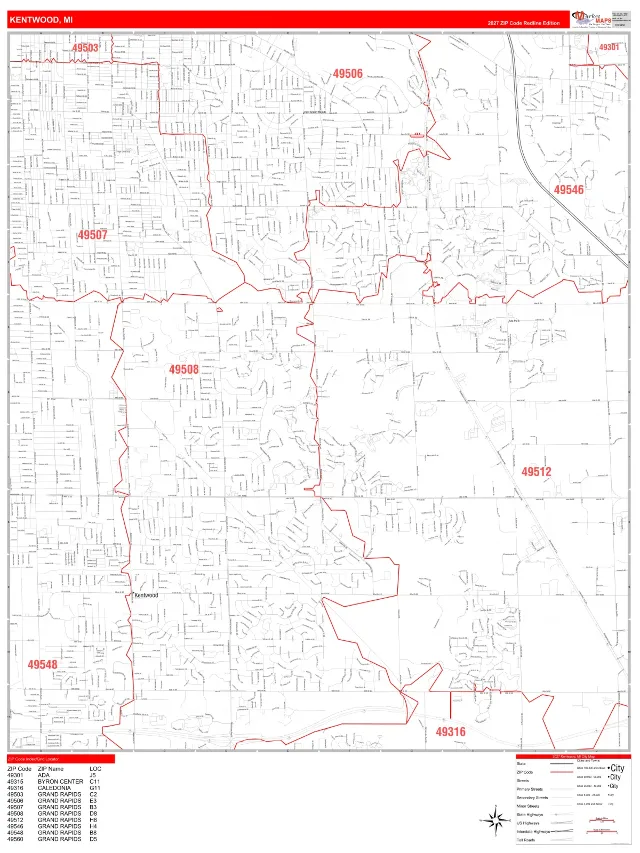 Kentwood, MI ZIP Code Wall Map, RedLine style