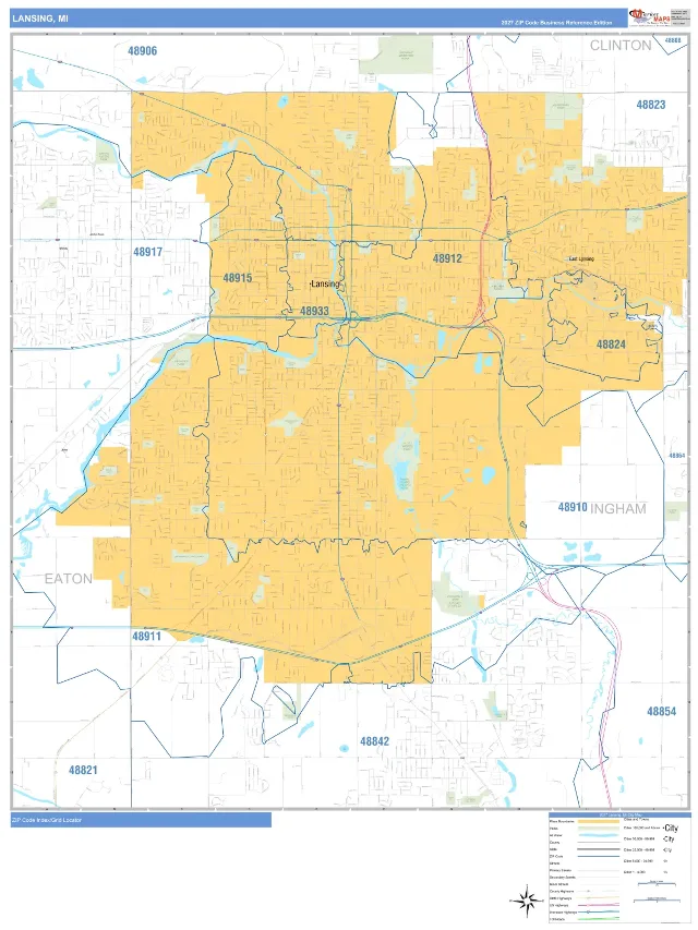 Lansing, MI ZIP Code Wall Map, Business Reference style