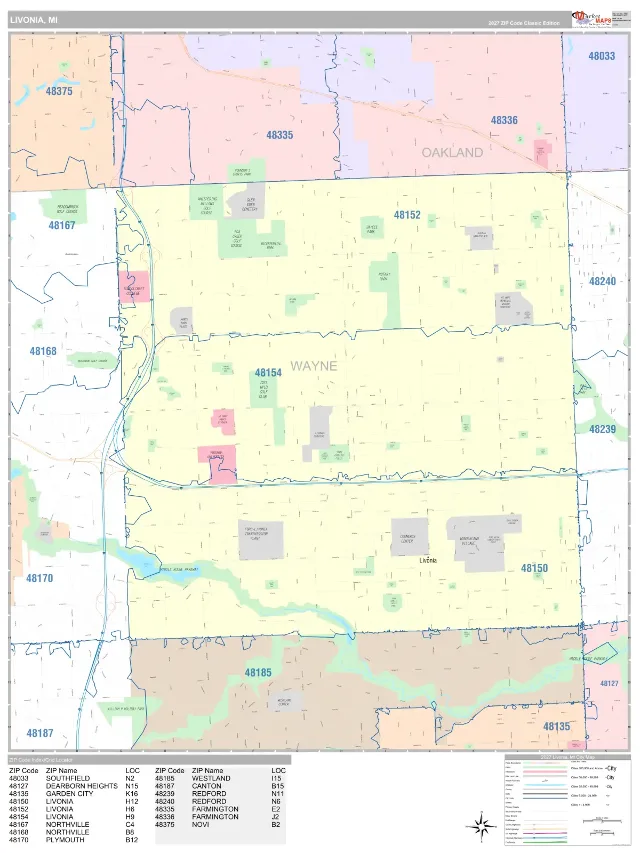 Livonia, MI ZIP Code Wall Map, Classic style