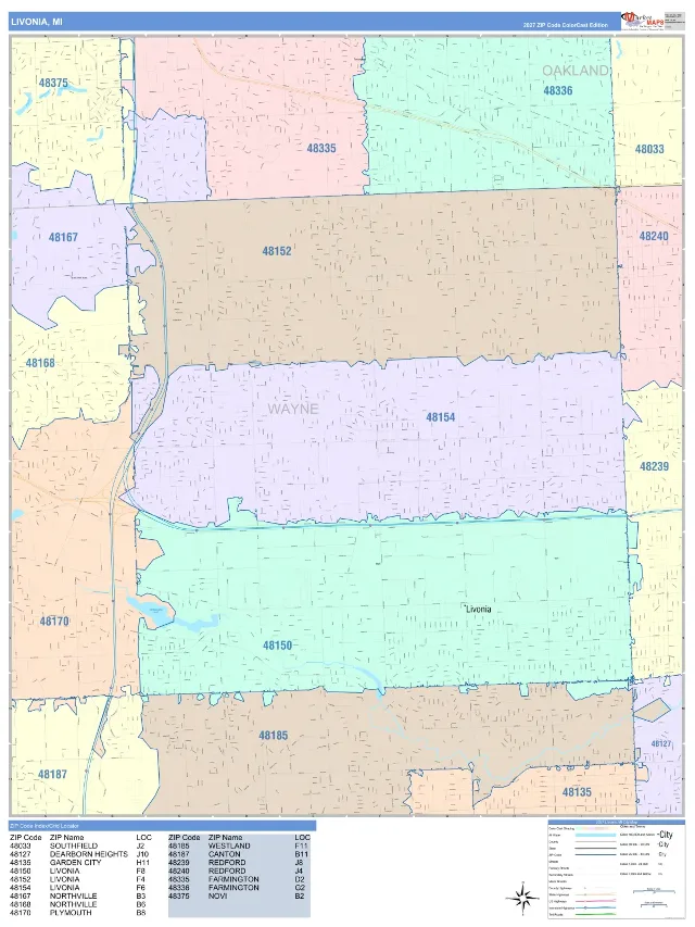 Livonia, MI ZIP Code Wall Map, ColorCast style