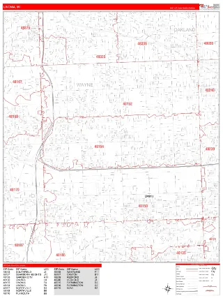 Livonia, MI RedLine style ZIP Code wall map