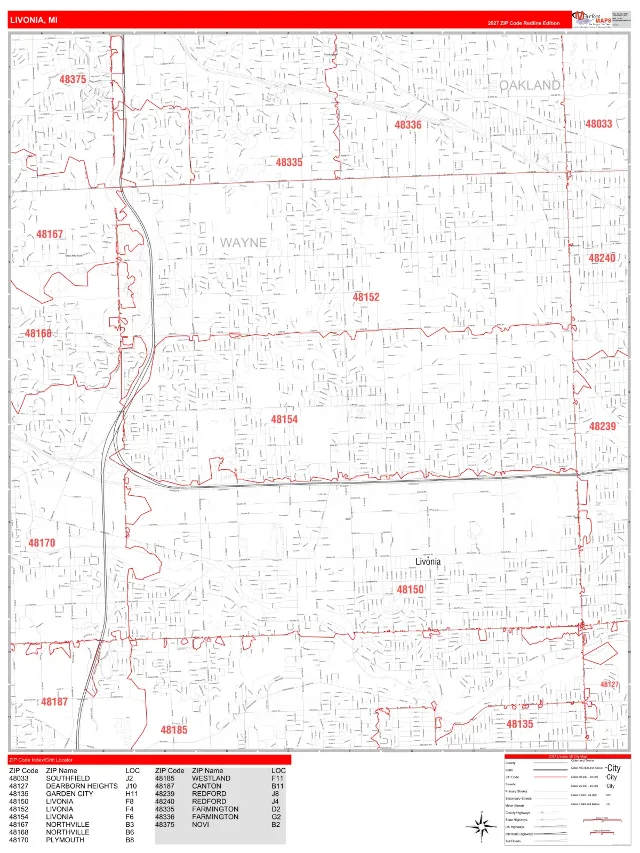 Livonia, MI ZIP Code Wall Map, RedLine style