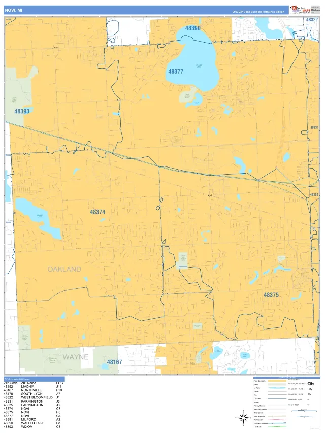 Novi, MI ZIP Code Wall Map, Business Reference style