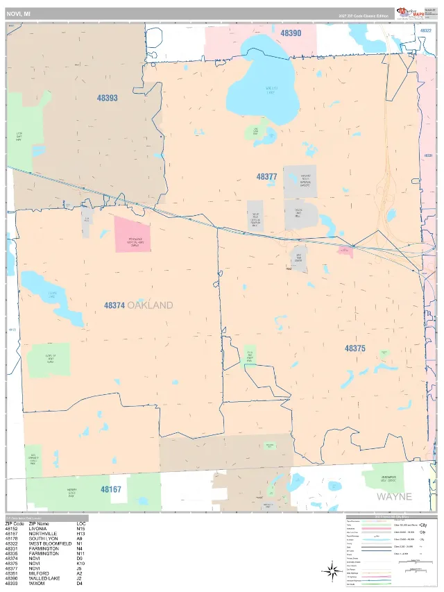 Novi, MI ZIP Code Wall Map, Classic style