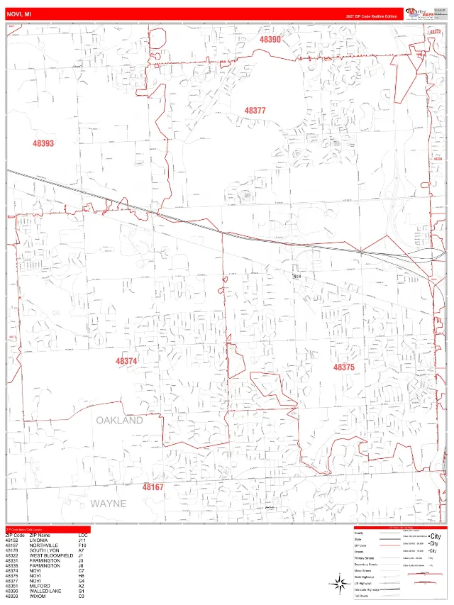 Novi, MI ZIP Code Wall Map, RedLine style