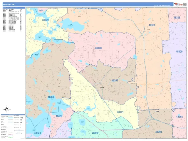 Pontiac, MI ZIP Code Wall Map, ColorCast style