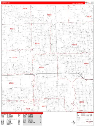 Redford, MI RedLine style ZIP Code wall map