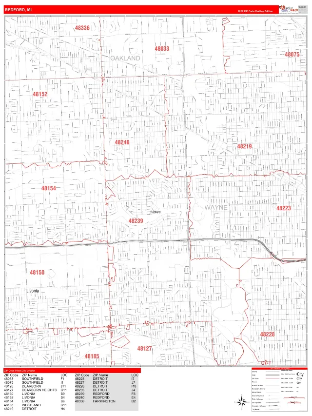 Redford, MI ZIP Code Wall Map, RedLine style