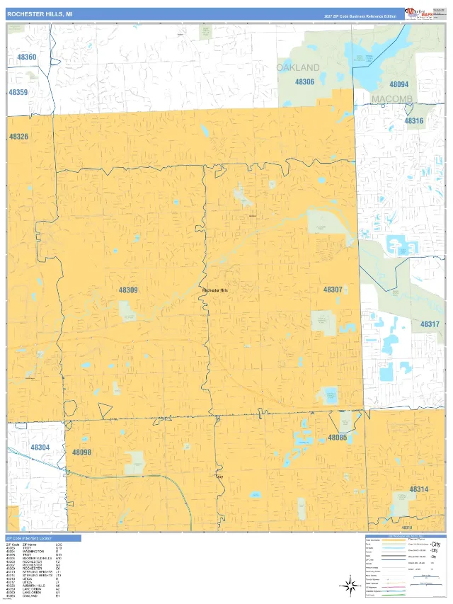 Rochester Hills, MI ZIP Code Wall Map, Business Reference style