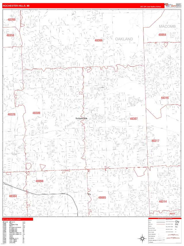 Rochester Hills, MI ZIP Code Wall Map, RedLine style