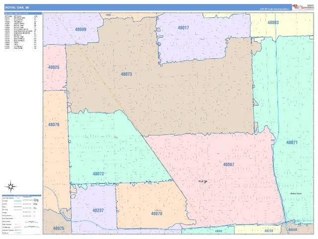 Royal Oak, MI ZIP Code Wall Map, ColorCast style