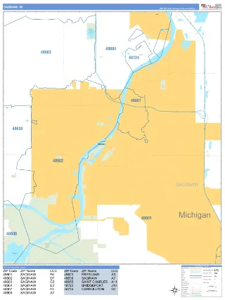 Saginaw, MI Business Reference style ZIP Code wall map