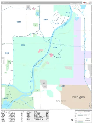 Saginaw, MI Classic style ZIP Code wall map