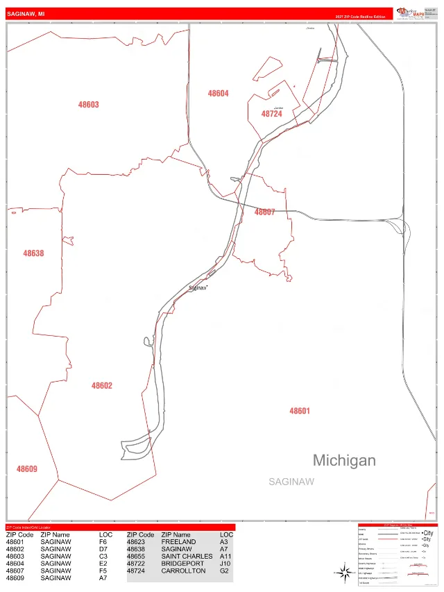 Saginaw, MI ZIP Code Wall Map, RedLine style