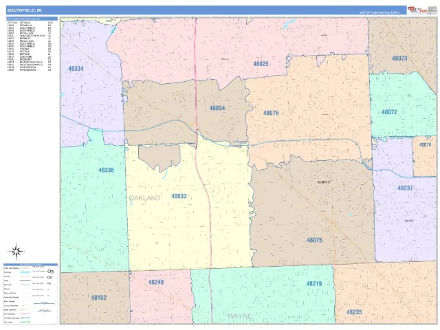 Southfield, MI ZIP Code Wall Map, ColorCast style