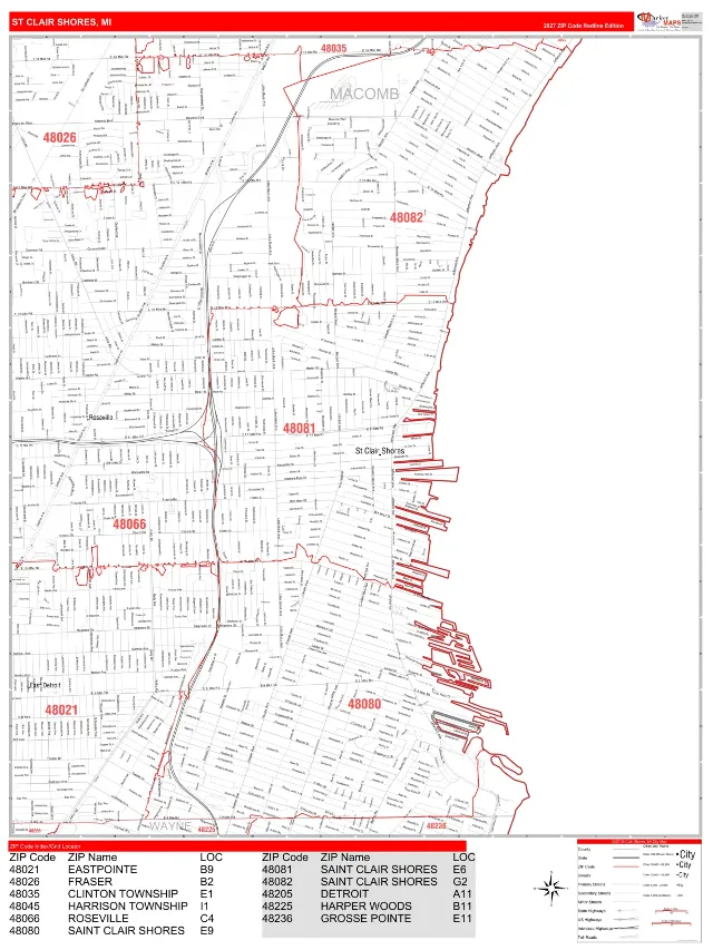 St. Clair Shores, MI ZIP Code Wall Map, RedLine style
