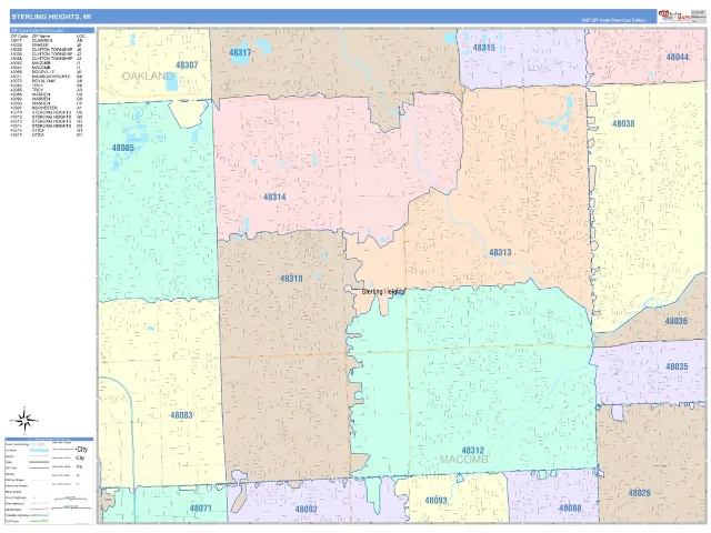 Sterling Heights, MI ZIP Code Wall Map, ColorCast style