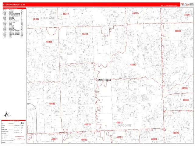 Sterling Heights, MI ZIP Code Wall Map, RedLine style
