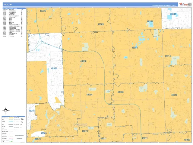 Troy, MI ZIP Code Wall Map, Business Reference style