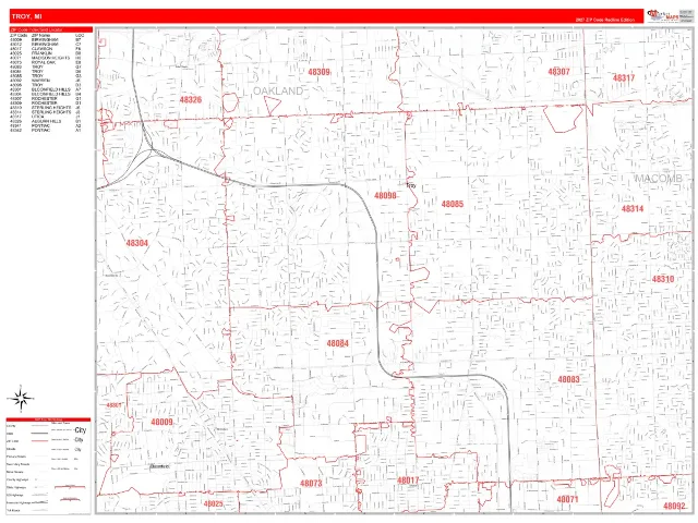 Troy, MI ZIP Code Wall Map, RedLine style