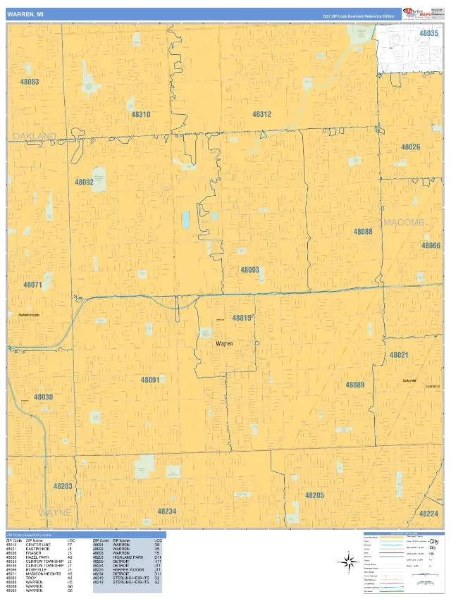 Warren, MI ZIP Code Wall Map, Business Reference style