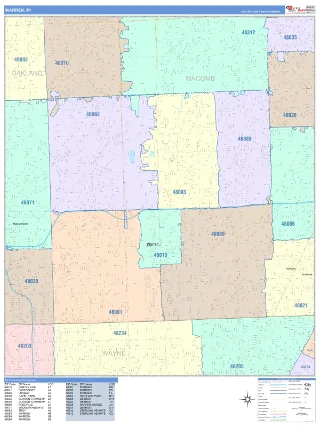 Warren, MI ColorCast style ZIP Code wall map