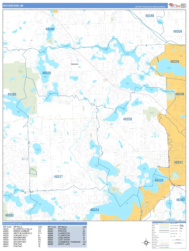 Waterford, MI ZIP Code Wall Map, Business Reference style