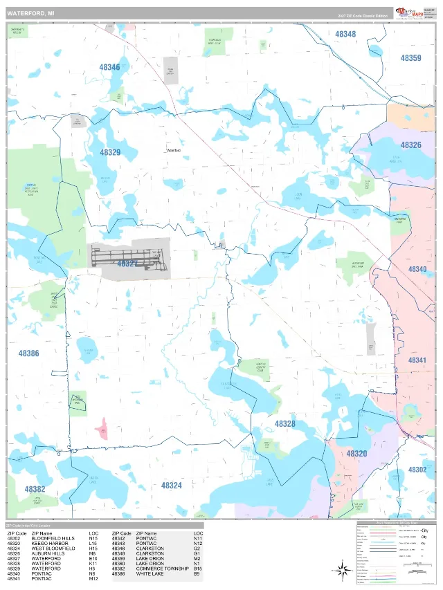Waterford, MI ZIP Code Wall Map, Classic style
