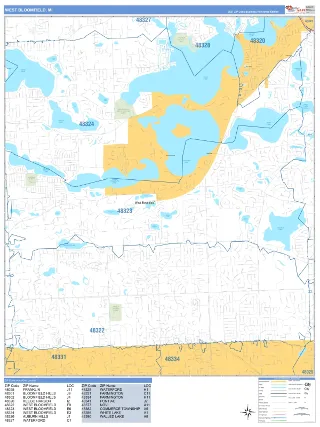 West Bloomfield, MI Business Reference style ZIP Code wall map