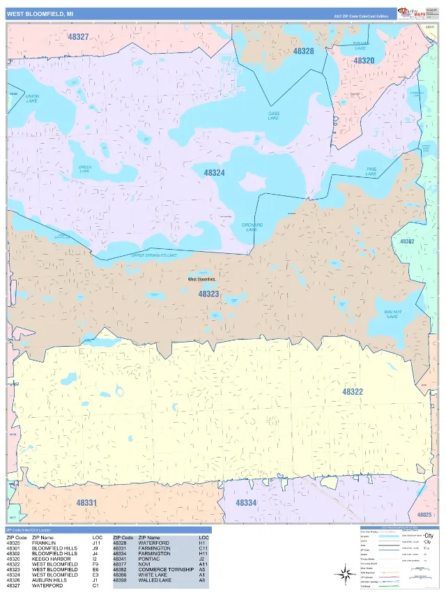 West Bloomfield, MI ZIP Code Wall Map, ColorCast style