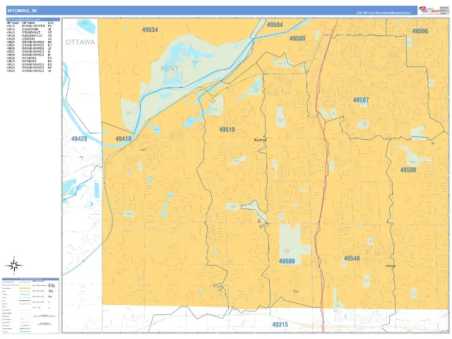Wyoming, MI ZIP Code Wall Map, Business Reference style