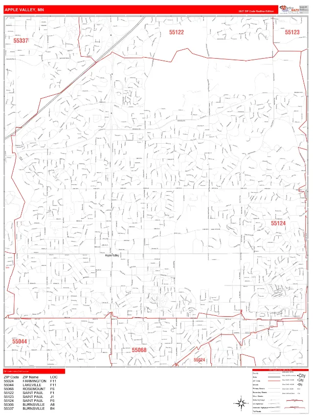 Apple Valley, MN ZIP Code Wall Map, RedLine style