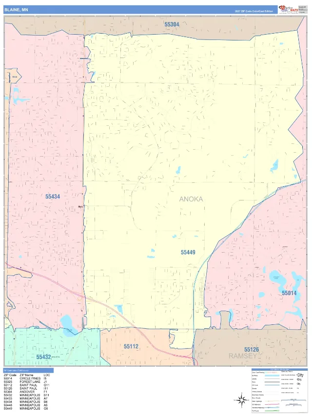 Blaine, MN ZIP Code Wall Map, ColorCast style