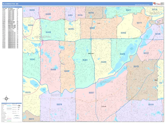 Bloomington, MN ZIP Code Wall Map, ColorCast style