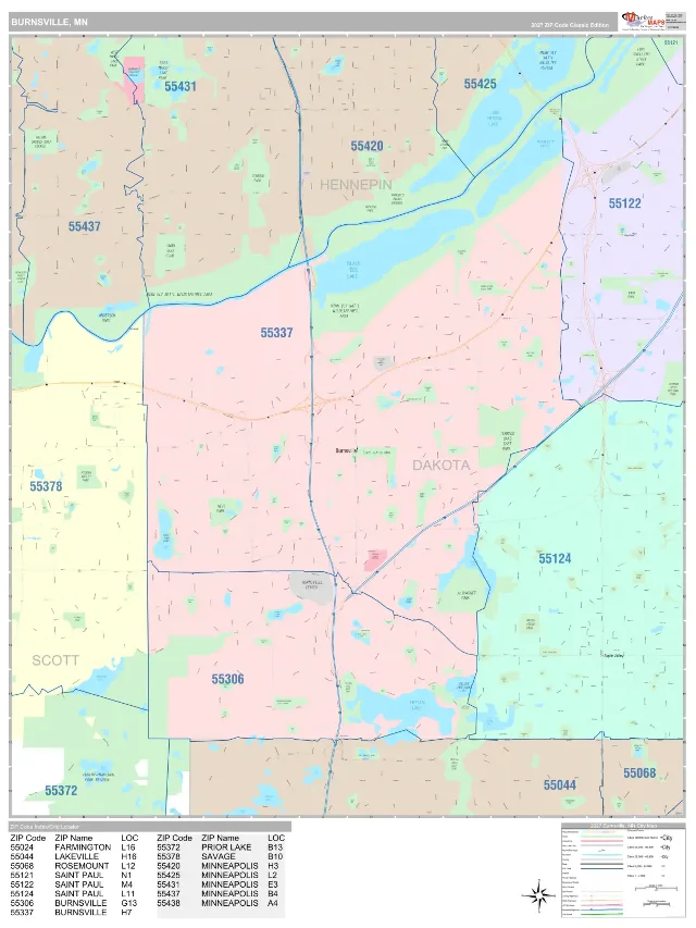 Burnsville, MN ZIP Code Wall Map, Classic style