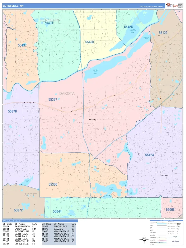 Burnsville, MN ZIP Code Wall Map, ColorCast style