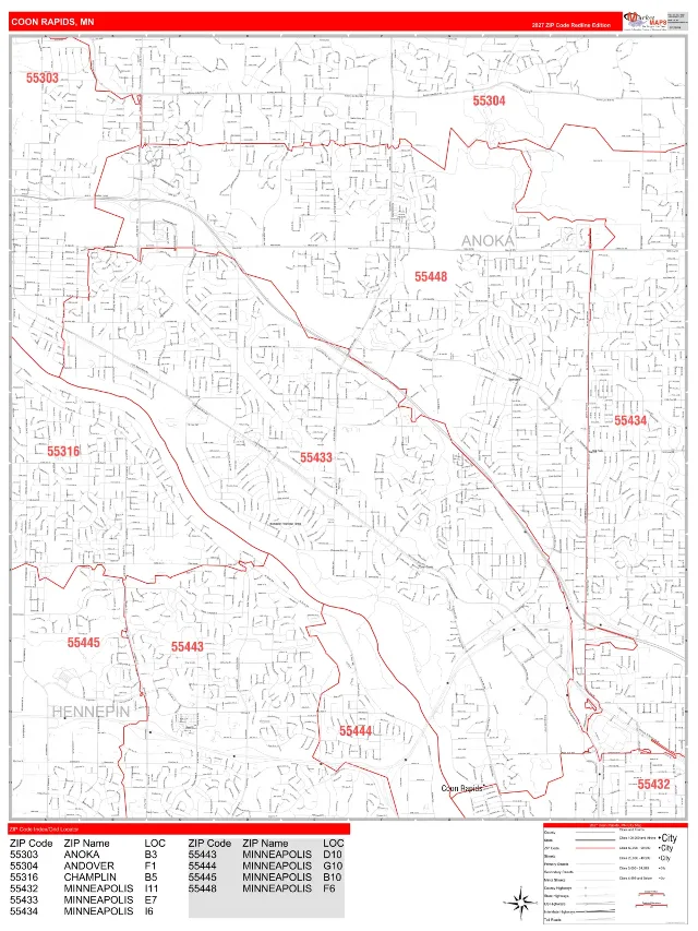 Coon Rapids, MN ZIP Code Wall Map, RedLine style